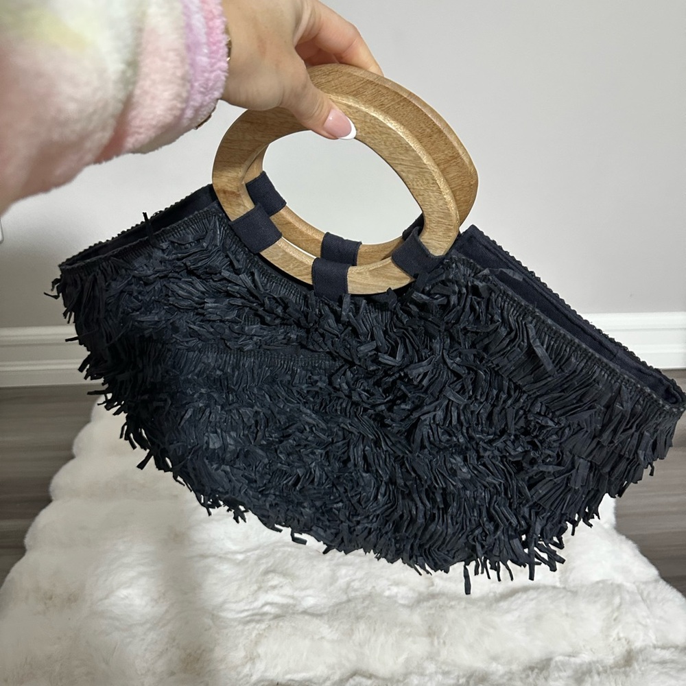 Anthropologie Black Fringe Tote Bag - Picture 5 of 7